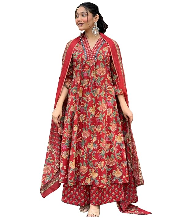 apcollections.in Women's Rayon Viscose Anarkali Printed Kurta with Palazzo & Dupatta