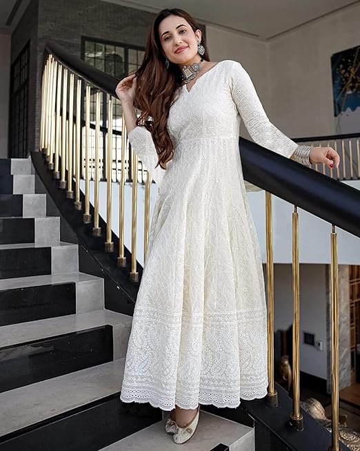 apcollections.in Women's Cotton Straight Fit Straight Chikankari Long Kurti Gown - Image 4