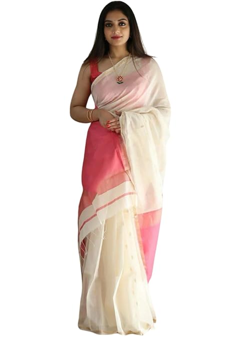 apcollections.in Women's Pure Spun Linen Cotton Lichi Silk Saree With Attach Unstitch Blouse Piece