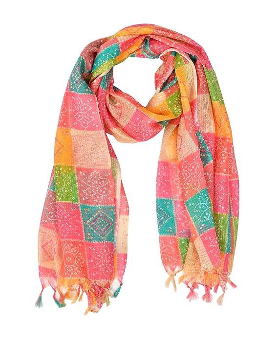 apcollections.in Rajasthani Multicoloured Kota Doria Printed Bandhani Dupatta for Women